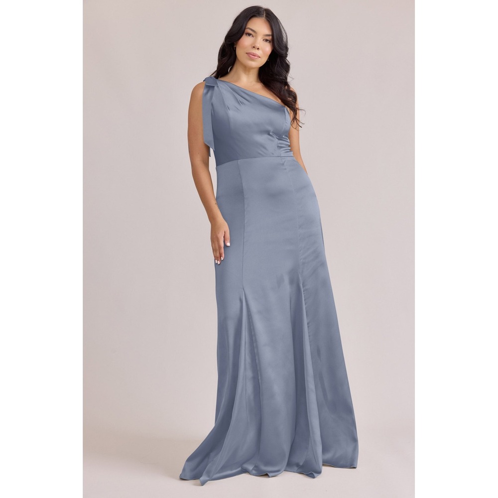 Revelry Blue One Shoulder Satin Gown Dusty Blue Formal Dress with Bow Detail